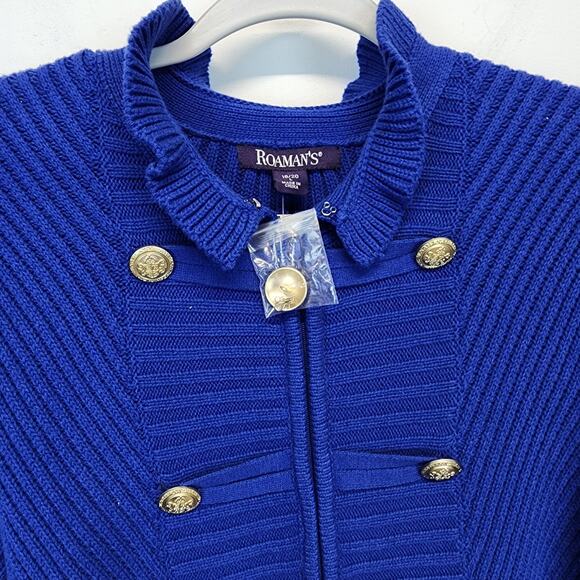 Roamans Gold Button Cardigan Size L 18/20 Ruffle Hem Neck Nautical Coastal Blue - Picture 4 of 11